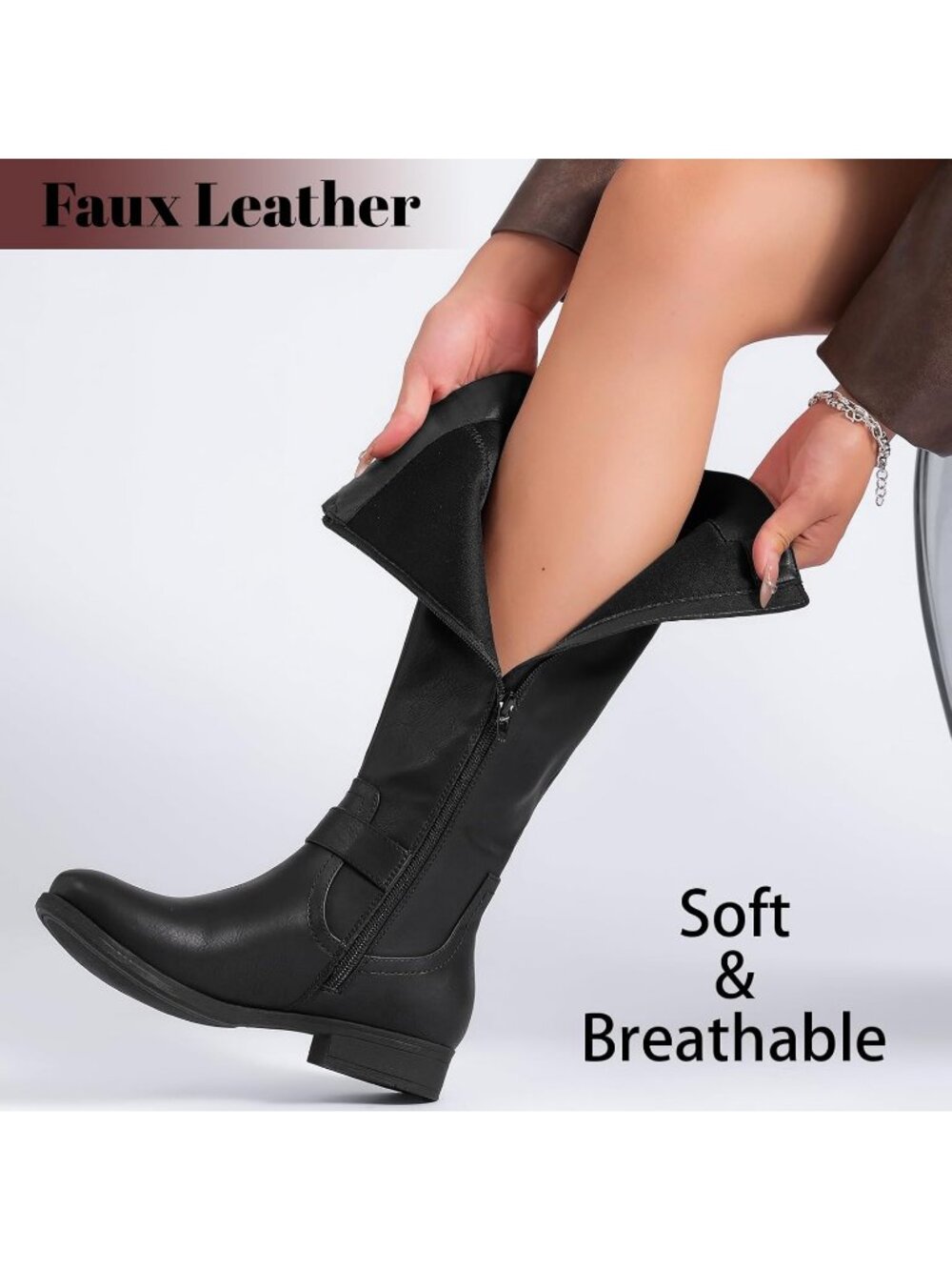 Women's Black Leather Rubber Slouchy Knee High Comfortable Stylish Tall Boots - Picture 2 of 6